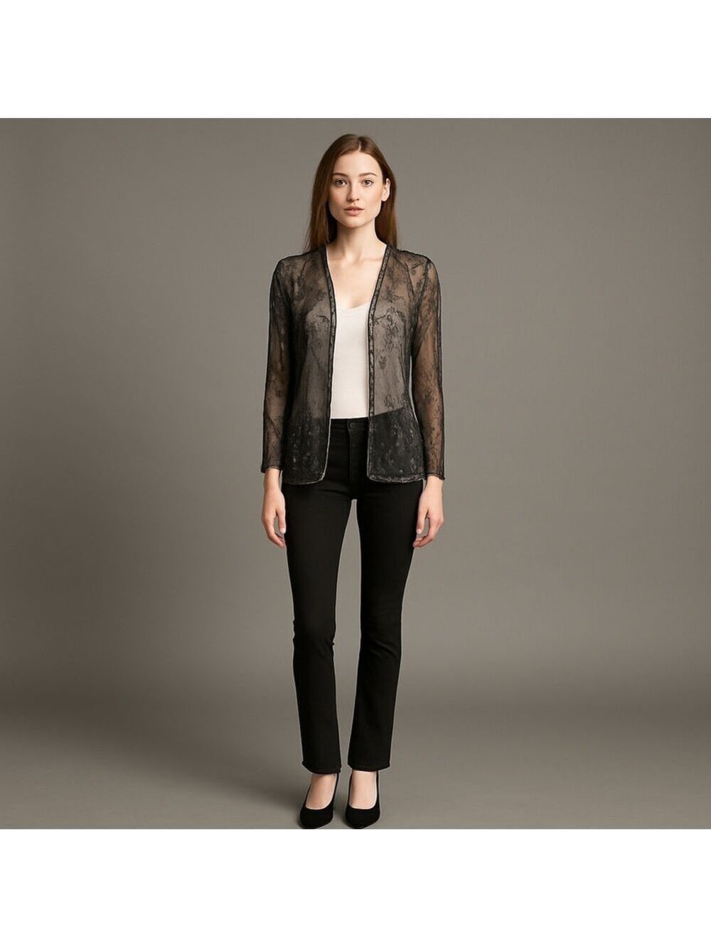 Leslie Fay Black Beaded Open Front Cardigan Small